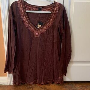 Lucky Brand Brown Embroidered V-Neck Tunic